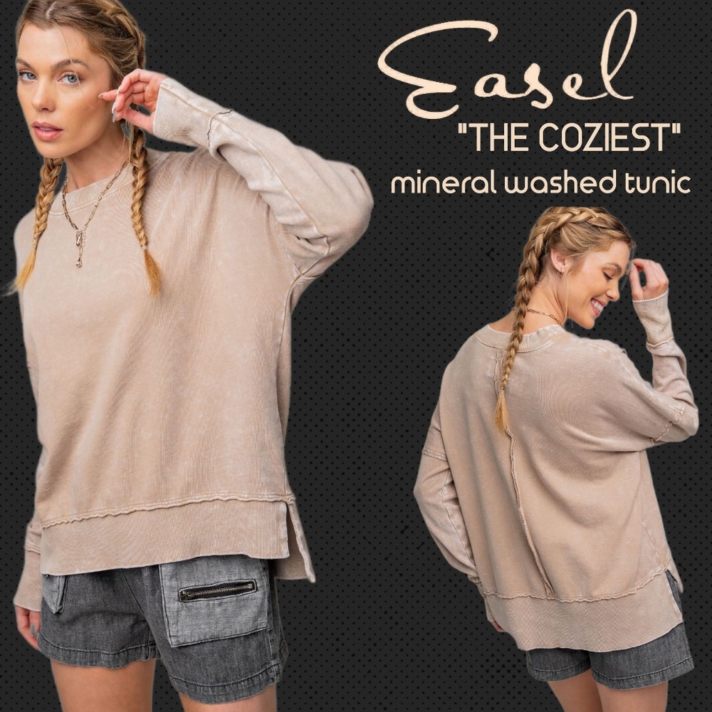 EASEL "The Coziest" Plus Size Mineral Washed Tunic Top Side Slits Oversized Boxy